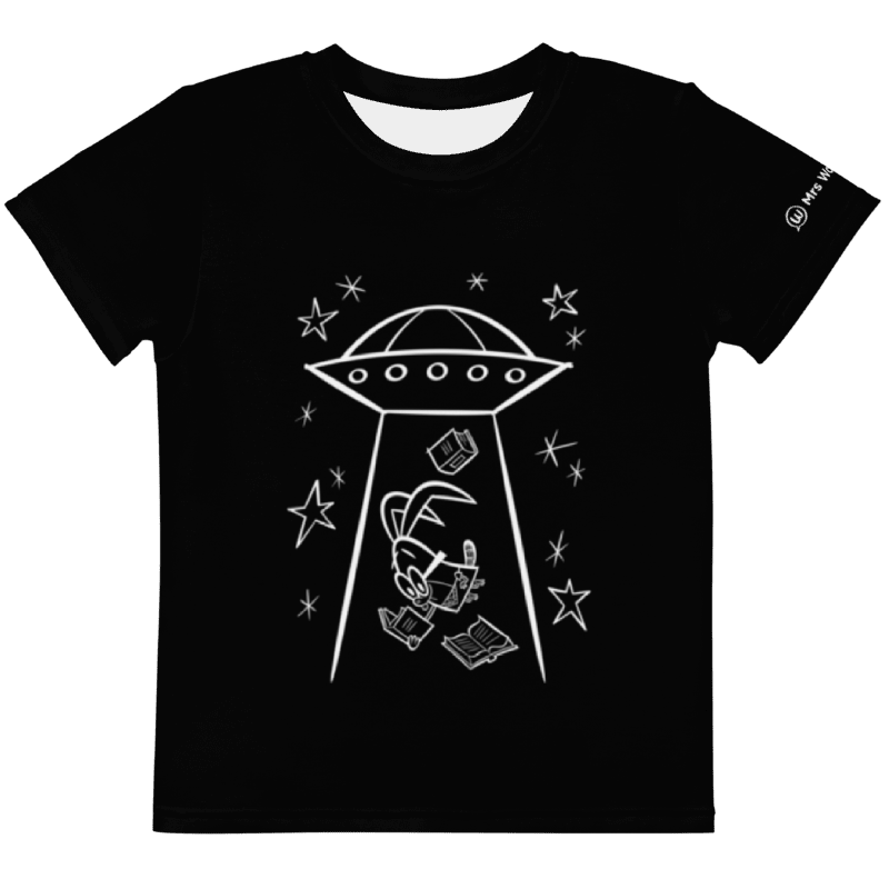 UFO-themed t-shirt design with rabbit reading books