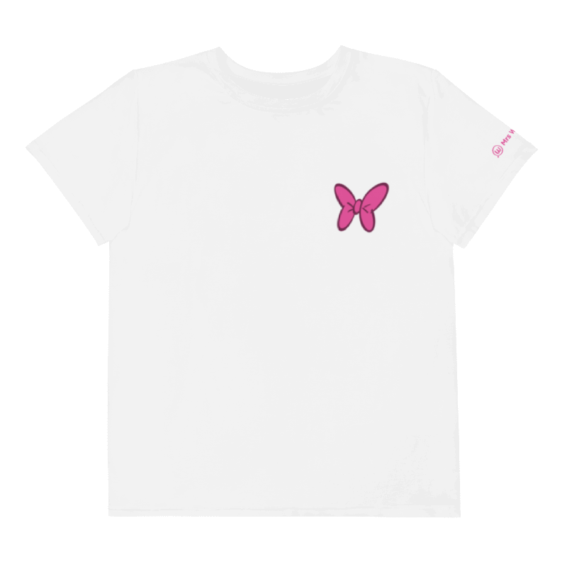 White t-shirt with pink butterfly design