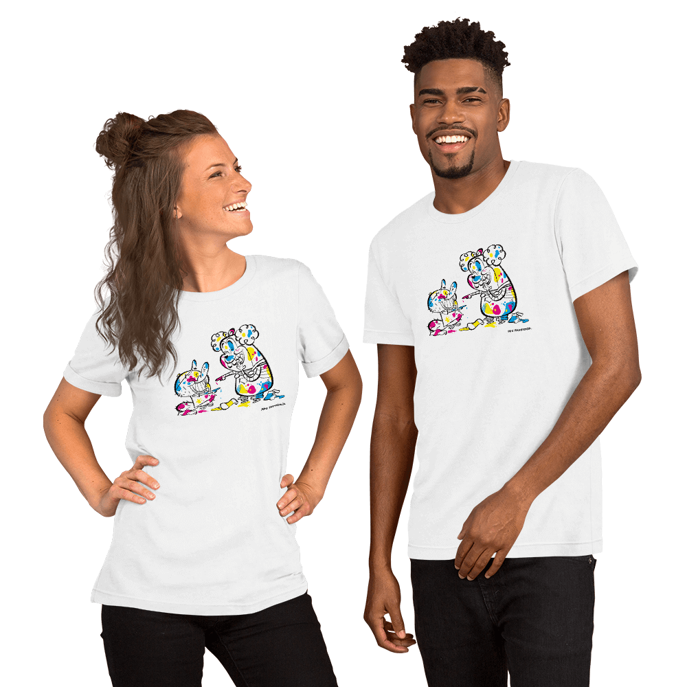 Adult CMYK Giggle T-shirt featuring colorful cartoon on man & woman