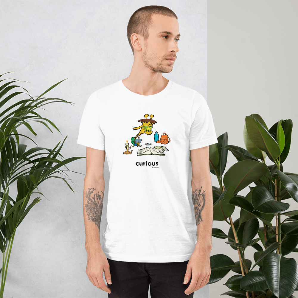Curious adult t-shirt with giraffe graphic.