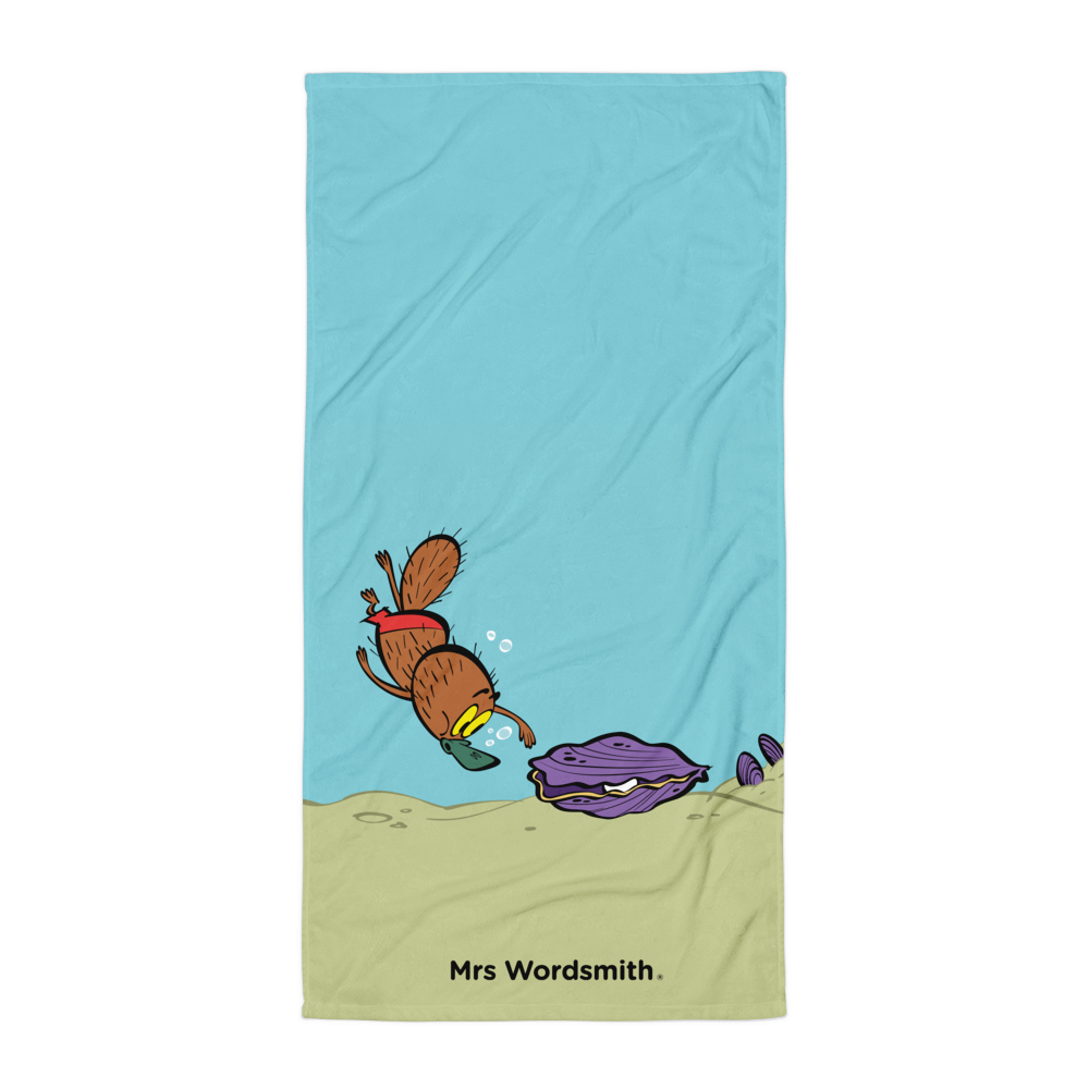 Curious beach towel with cartoon diver and clam