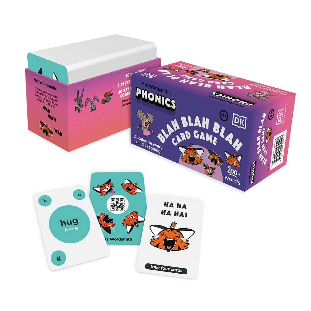 DK Blah Blah Blah Phonics Card Game mockup with cards.