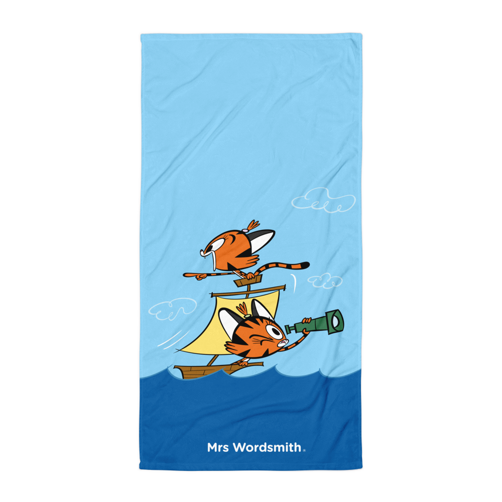 Beach towel with cartoon pirate birds sailing