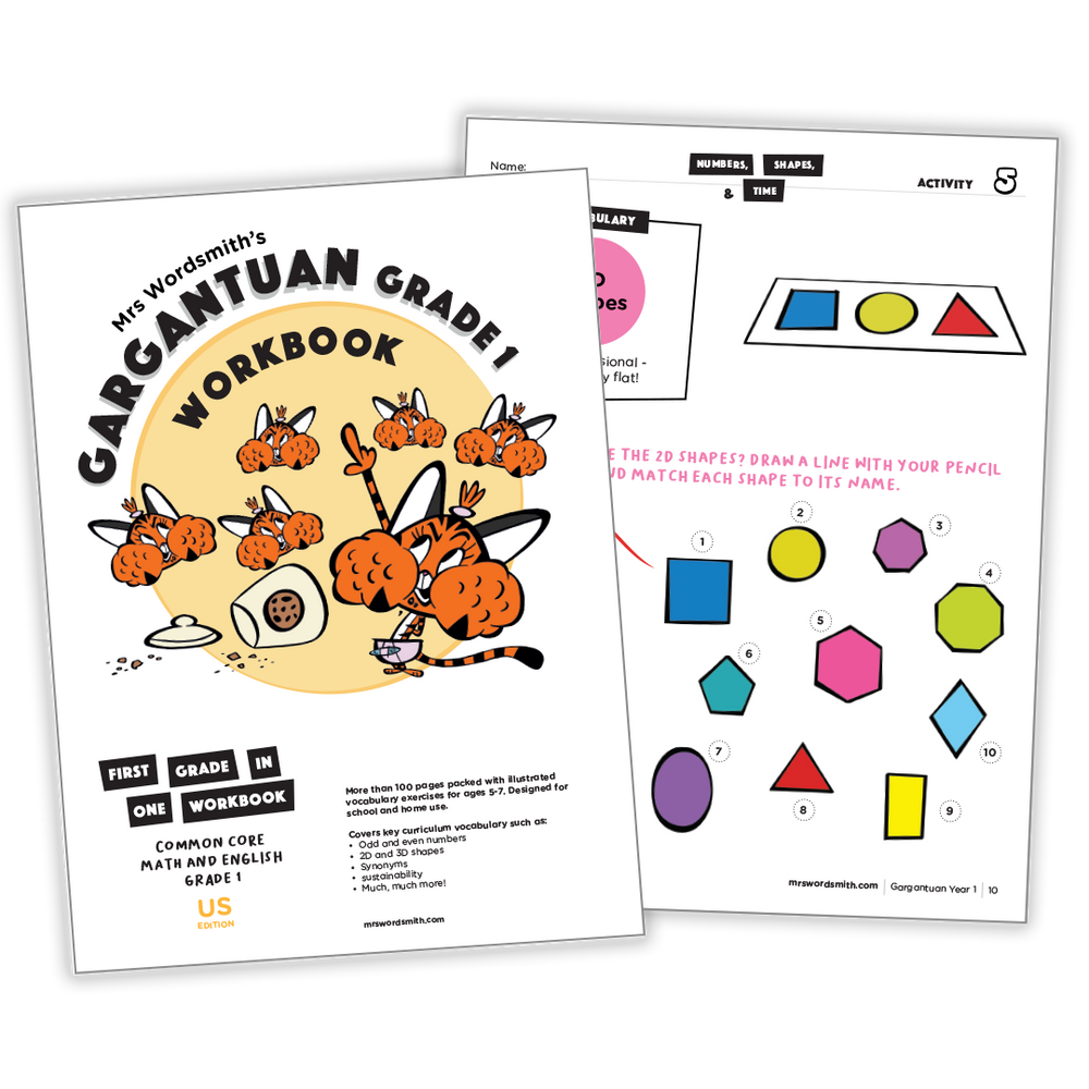 Grade 1 Gargantuan Workbook bundle with shapes and activities.
