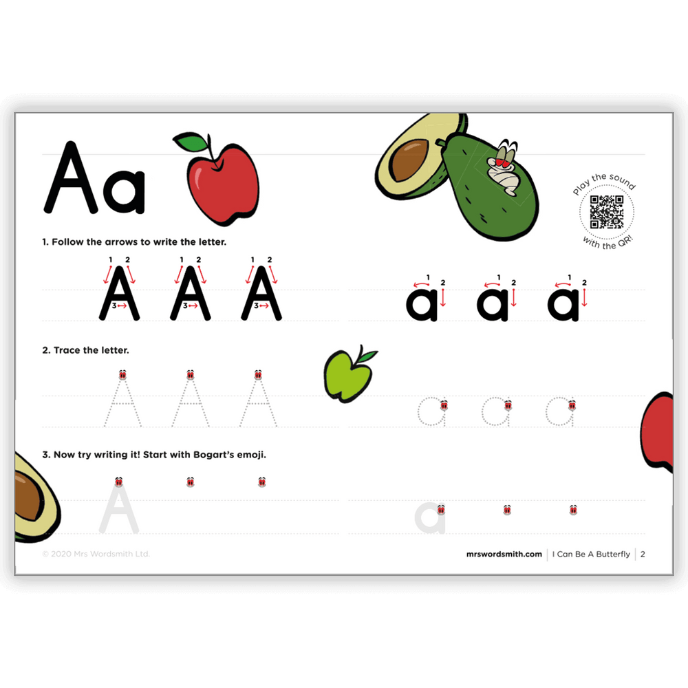 I Can Be a Butterfly handwriting practice - letter A with apple & avocado