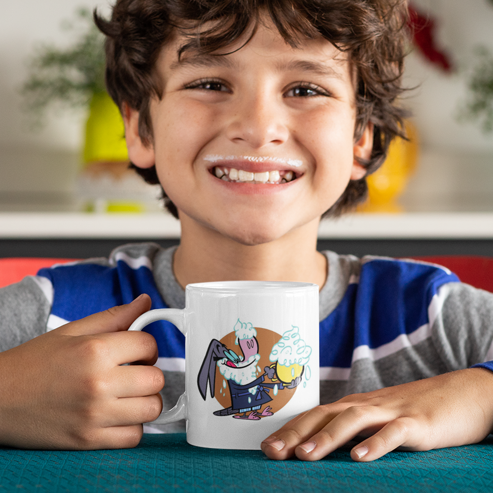 Boy with milk mustache holding mug with cartoon bunny.