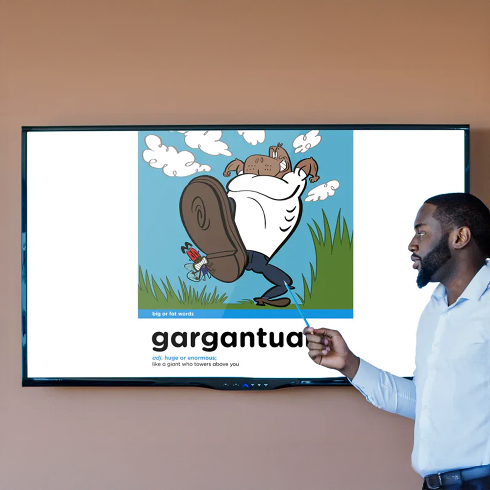 Man pointing at gargantuan illustration