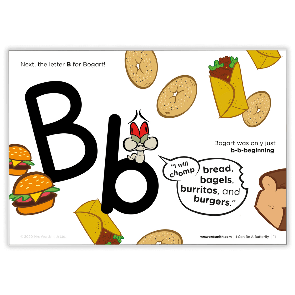 Letter B with food illustrations.