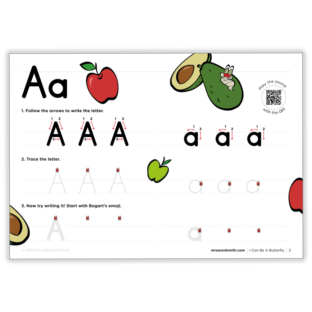 Aa letter tracing worksheet with apple & avocado.