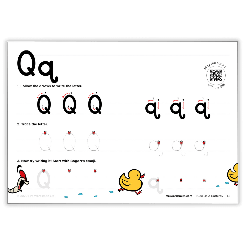 Handwriting practice page with the letter Q, carousel 6