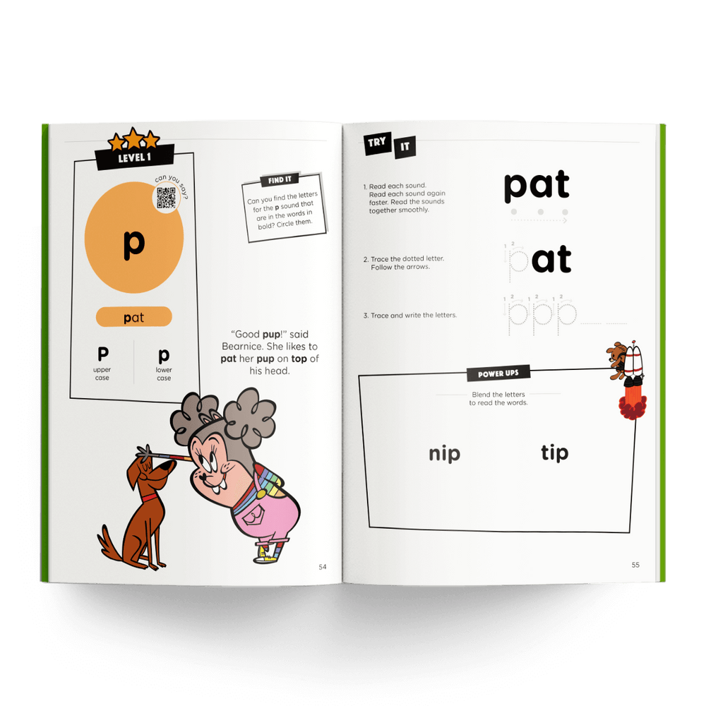 Colossal DK Level 1 phonics book spread with pat, nip, and tip words.