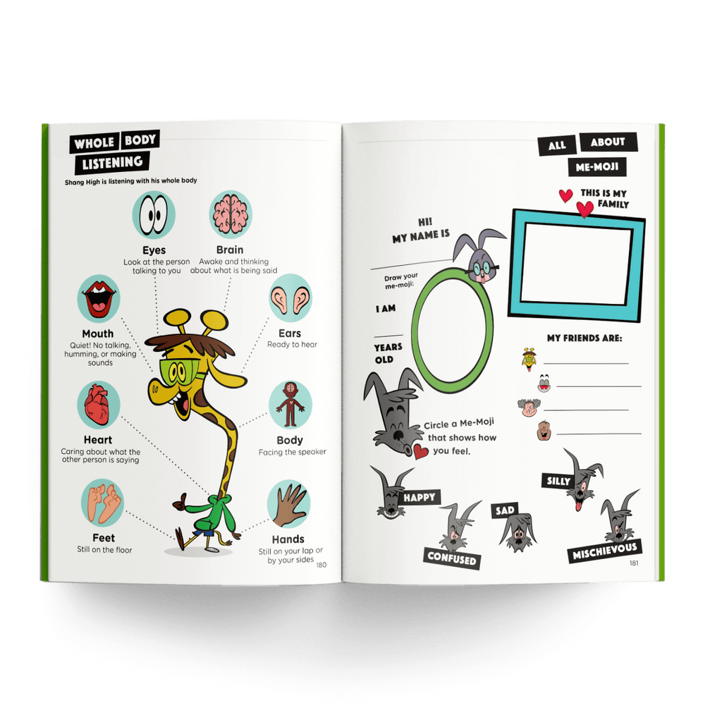 Me-Me-Mor workbook spread about listening