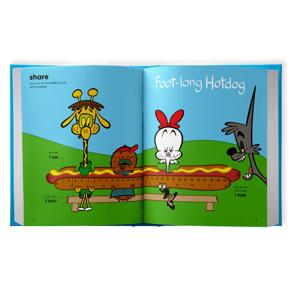 Cartoon hotdog with characters.