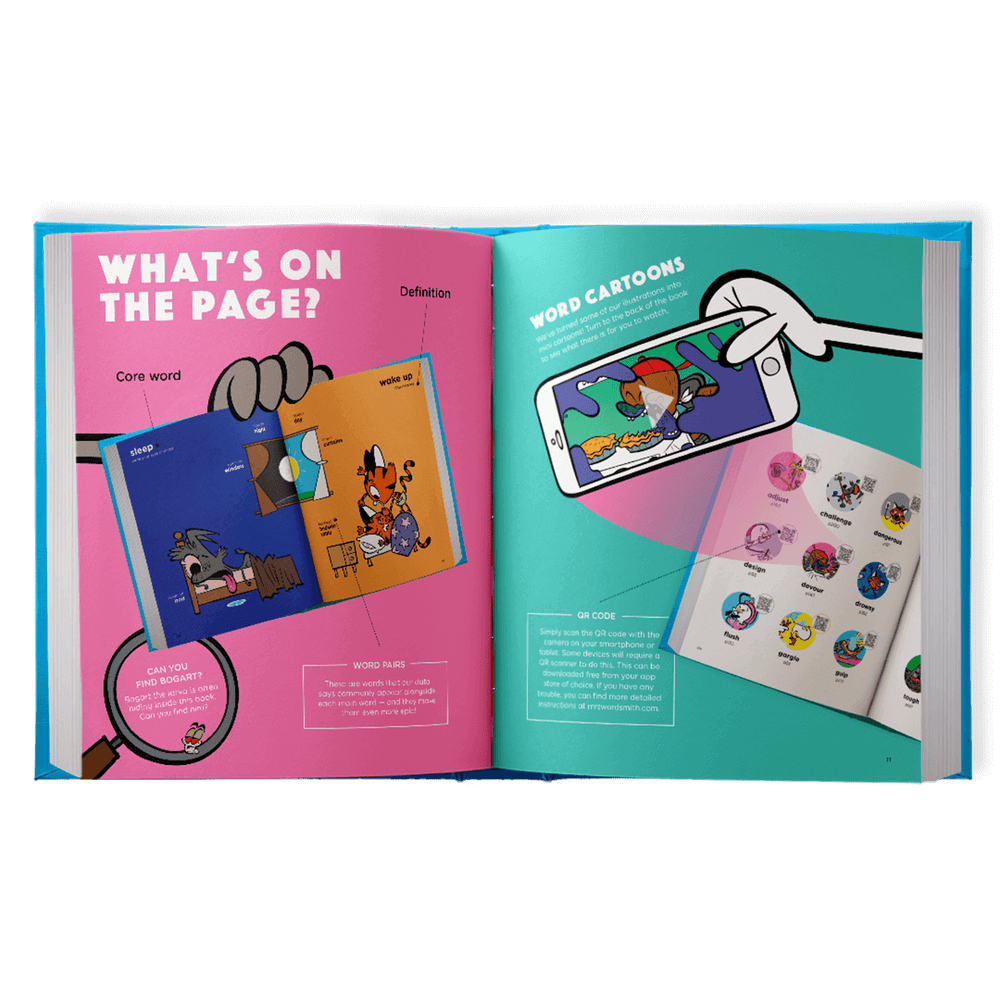 Cartoon book spread with word cartoons
