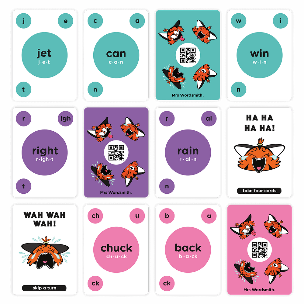 Flashcards - jet, can, win, right, rain, chuck, back
