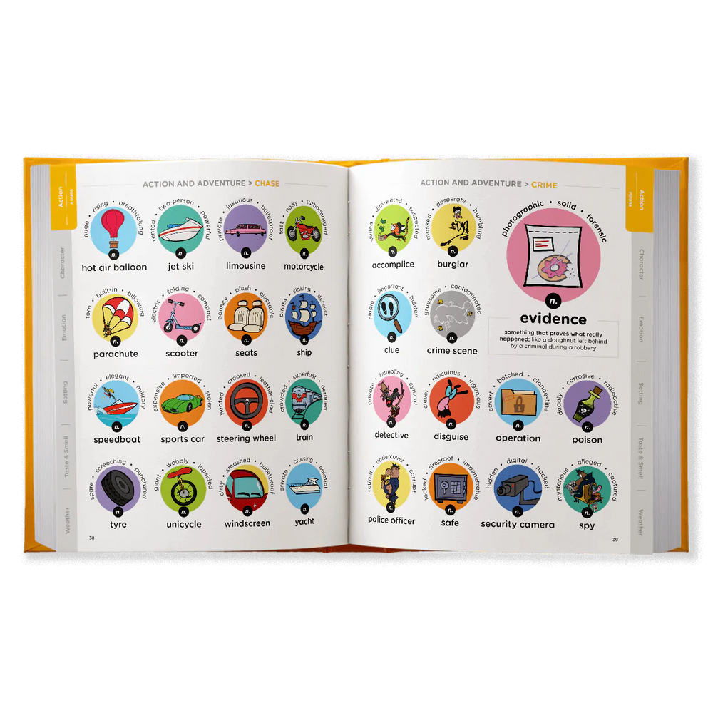 Open book with action & adventure illustrations.