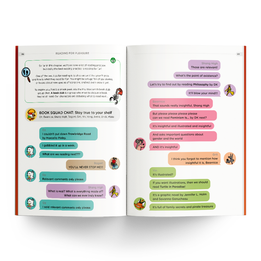Reading passages with cartoon chat bubbles