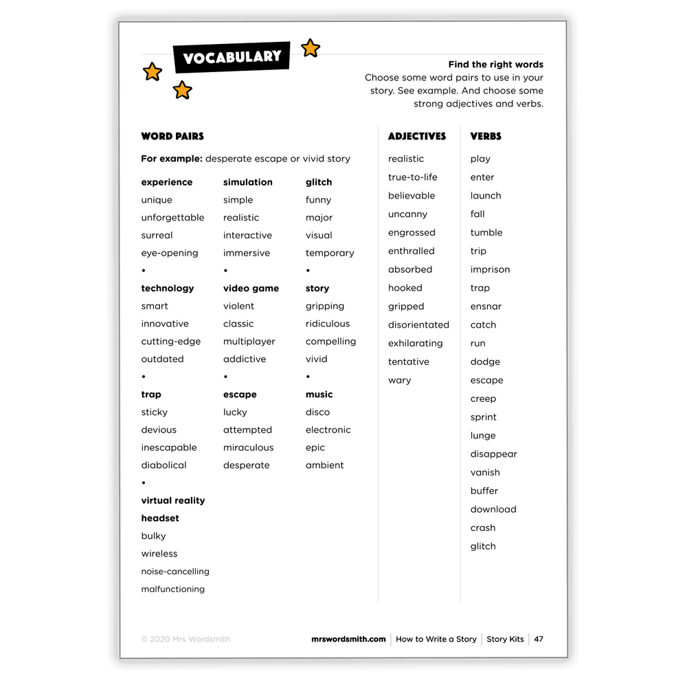 Vocabulary list with word pairs, adjectives, and verbs.