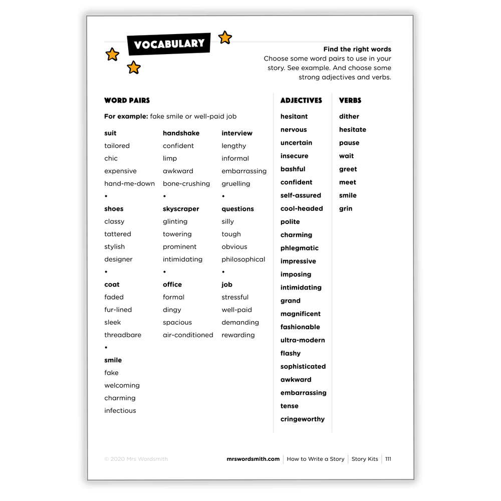 Product page vocabulary list with word pairs, adjectives, and verbs.