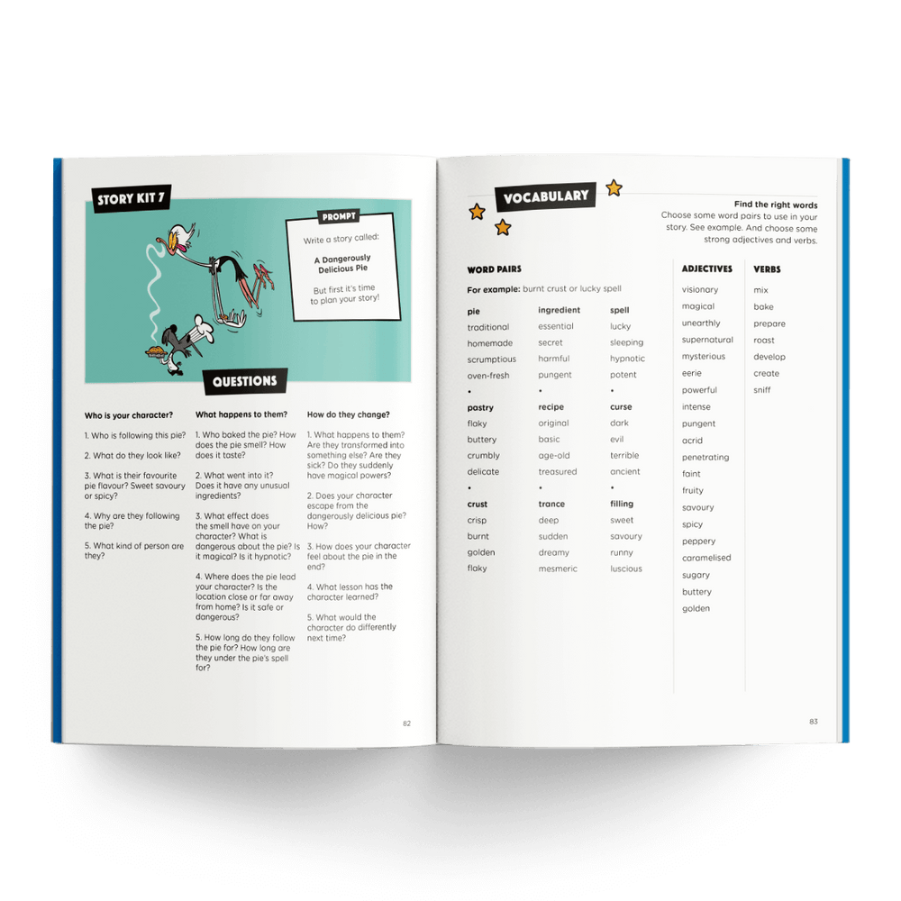 HTWS Story Kit 7 book spread with prompts and vocabulary
