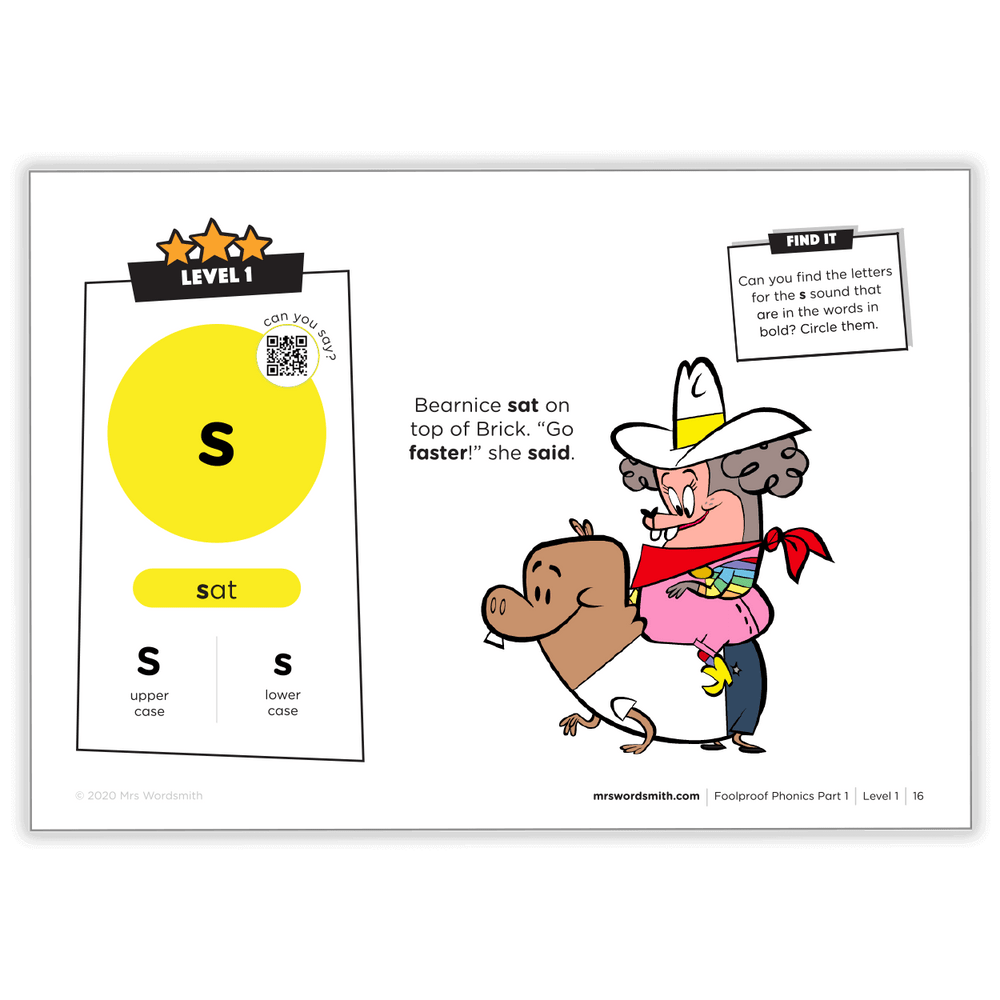 S sound lesson with cartoon characters