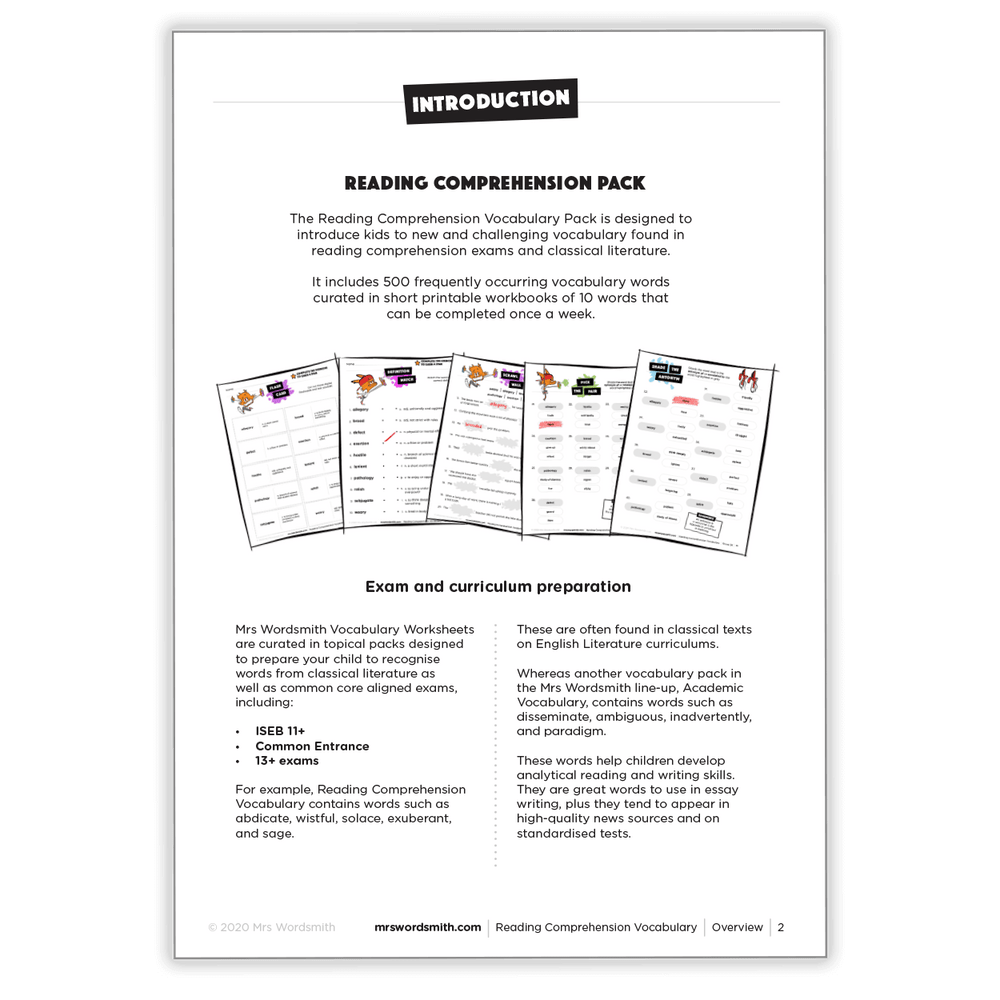 Reading Comprehension Pack carousel - vocabulary worksheets