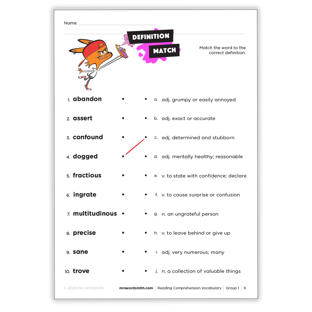 Vocabulary definition matching worksheet
