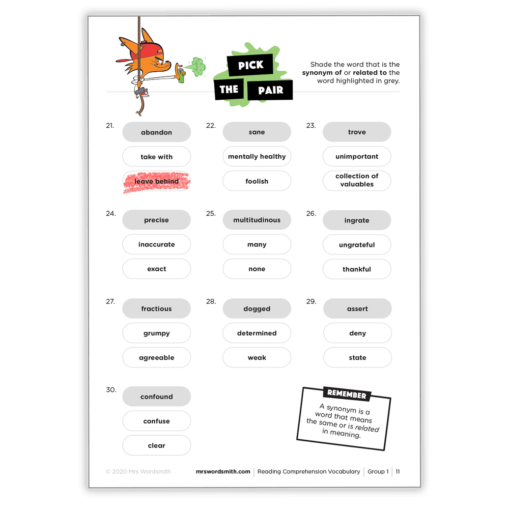 Reading comprehension vocabulary matching activity