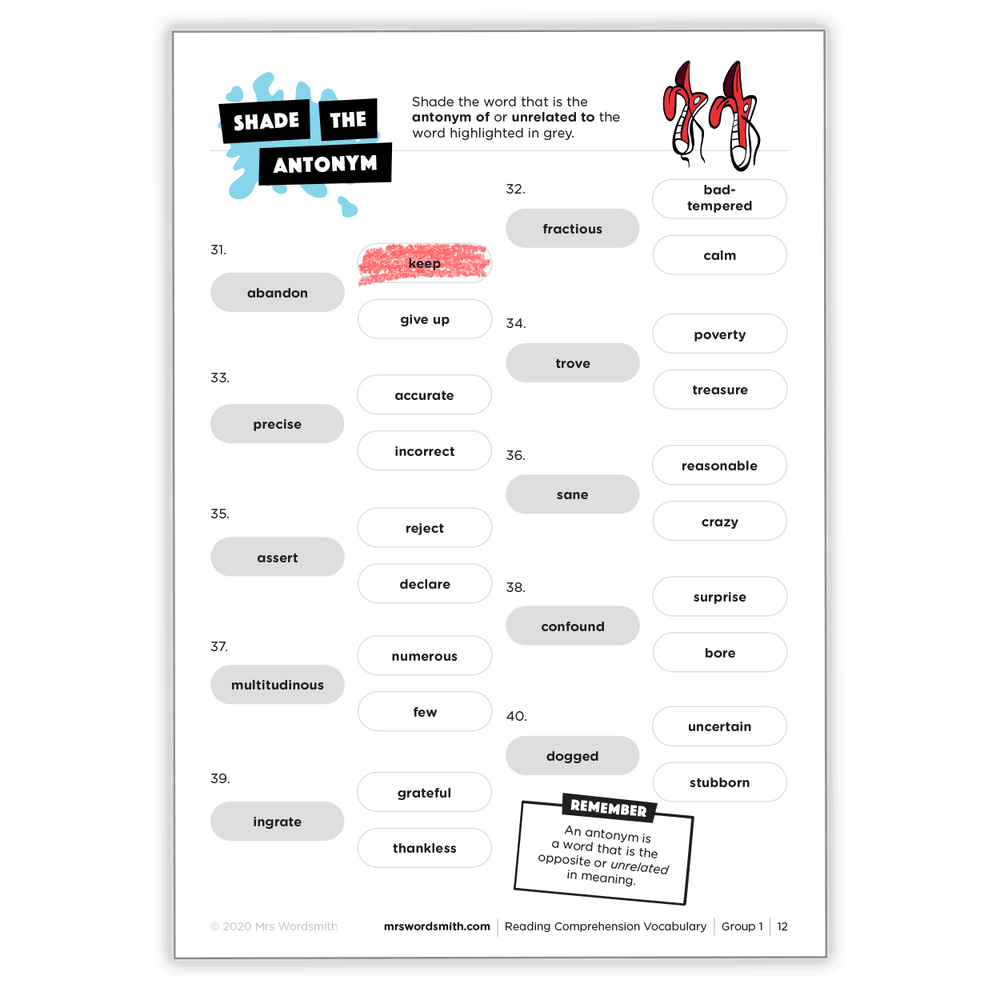 Reading comprehension antonyms worksheet