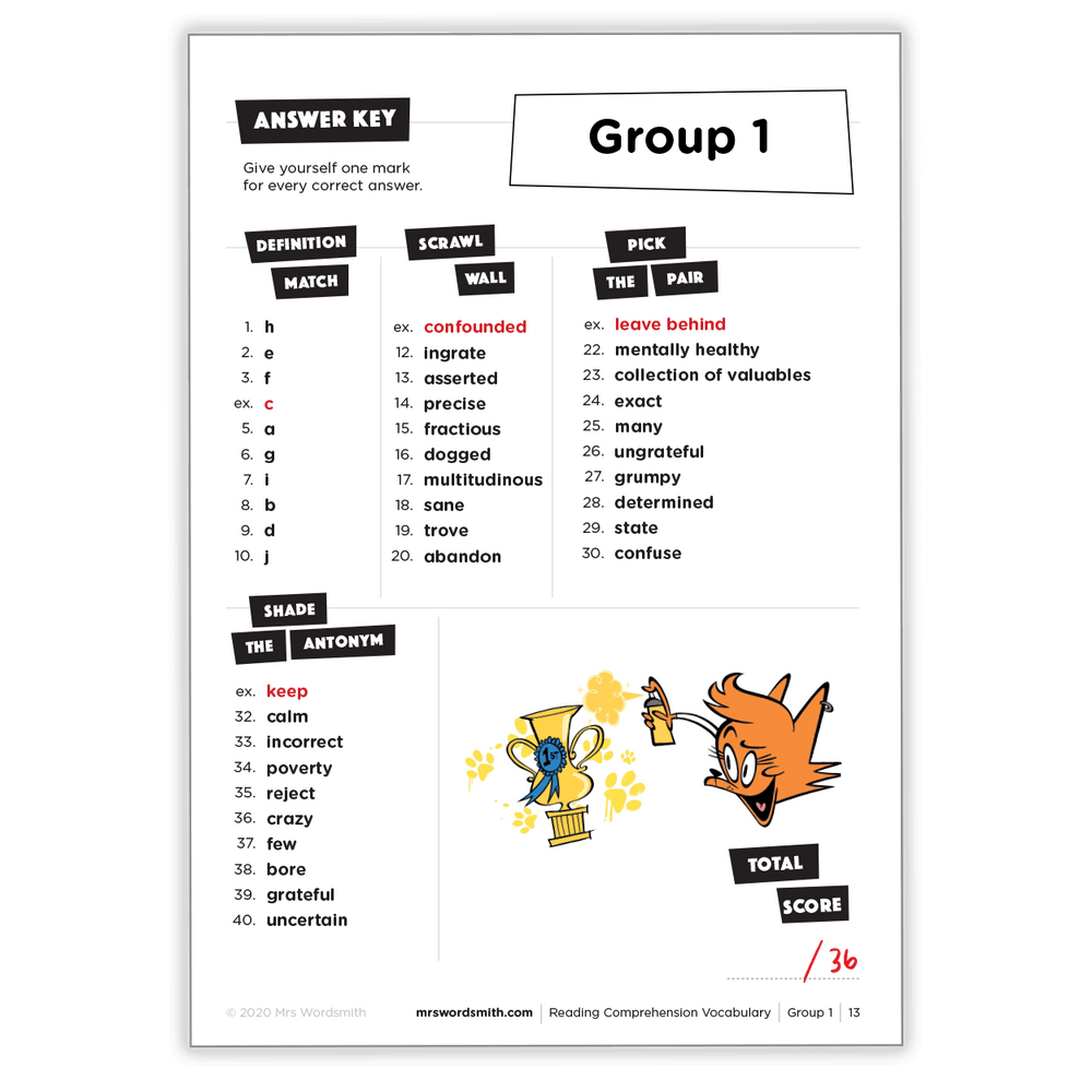 Reading comprehension vocabulary worksheet (Group 1)