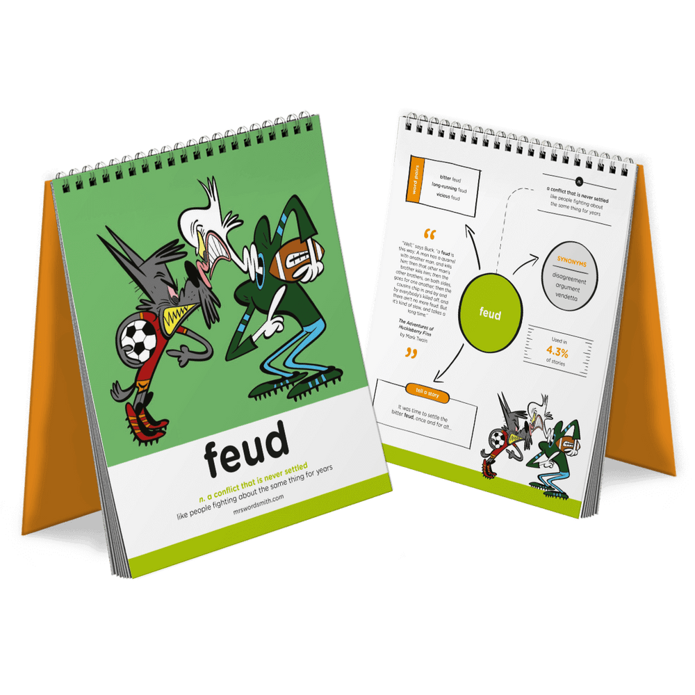 Feud flashcards with cartoon illustrations