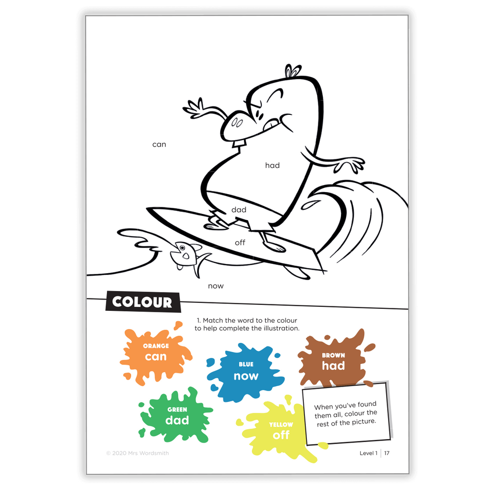 Sight Words coloring activity - Surfing character