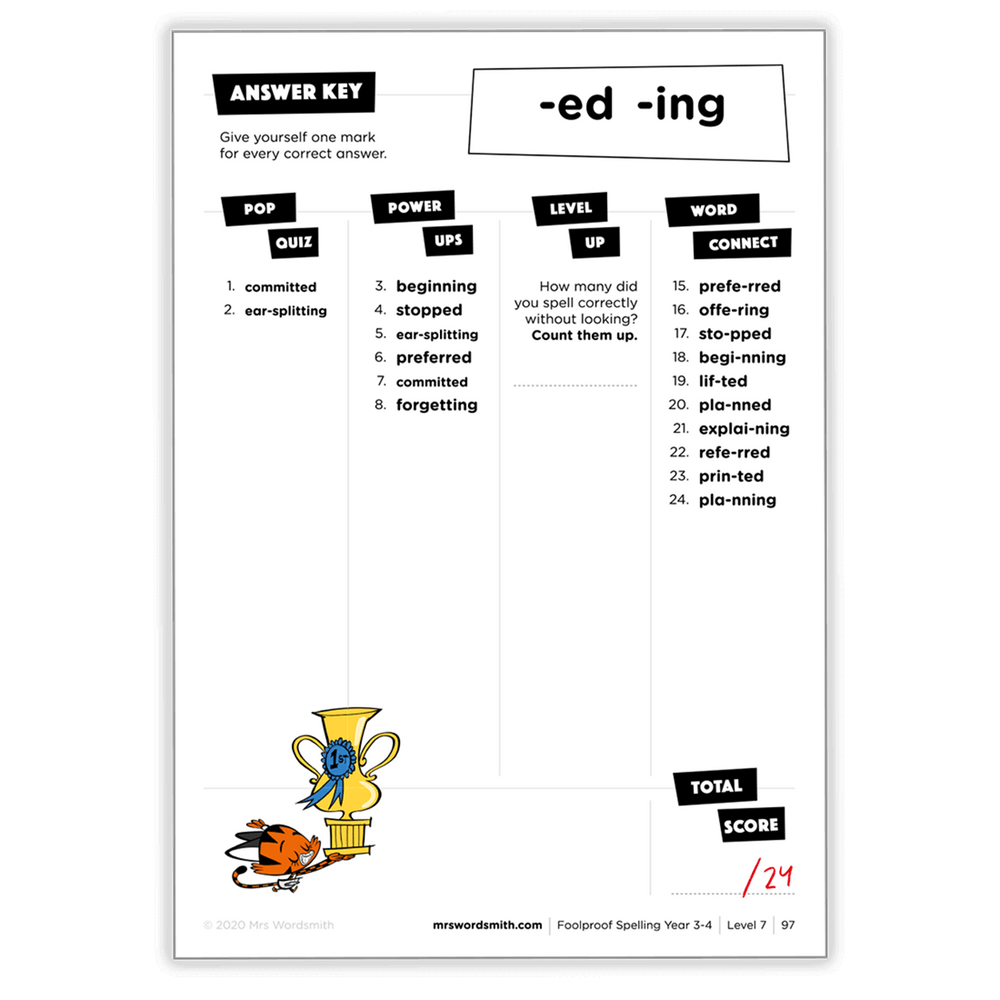 '-ed -ing words quiz & answer key