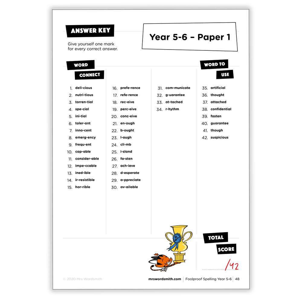 Year 5-6 Spelling Paper 1 Answer Key