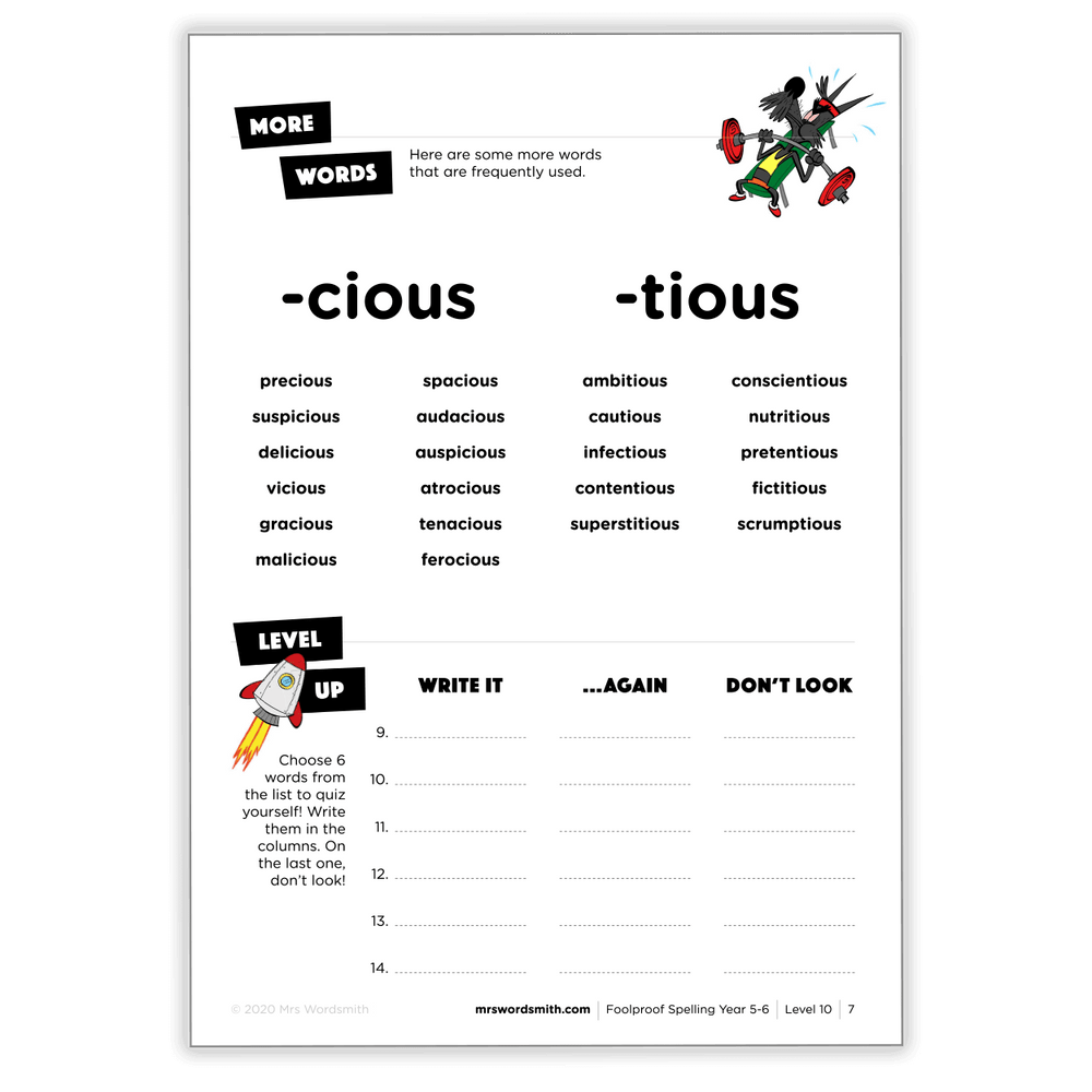 '-cious and -tious words worksheet