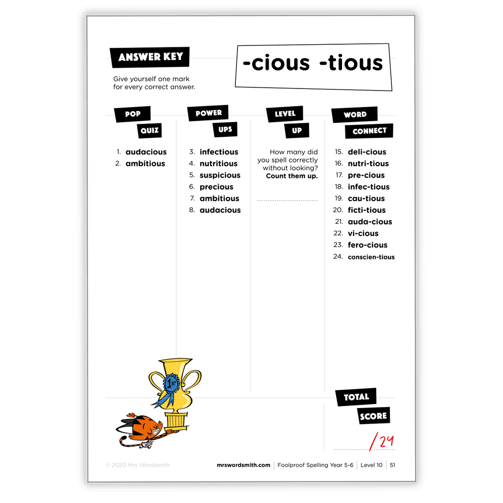 Spelling worksheet for Years 5-6 with -cious and -tious words.