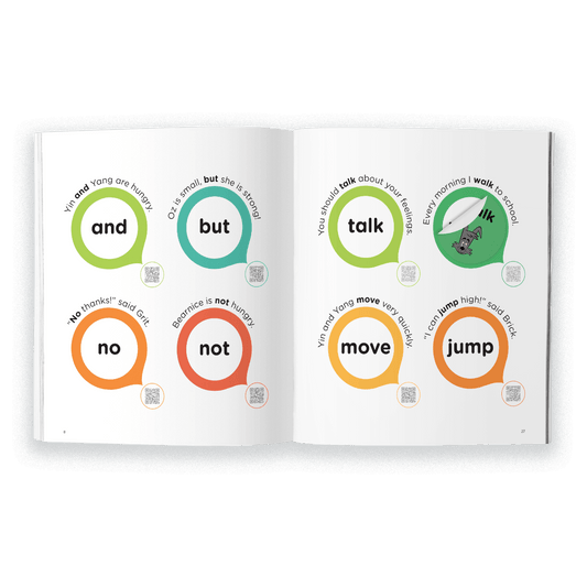 Open book with sight words and, but, talk, jump