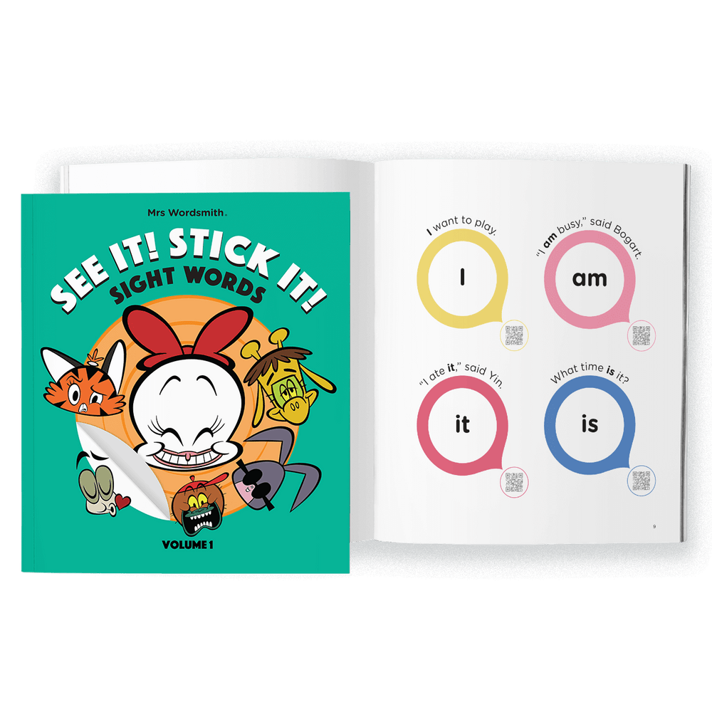 See It! Stick It! Sight Words book open to sample pages
