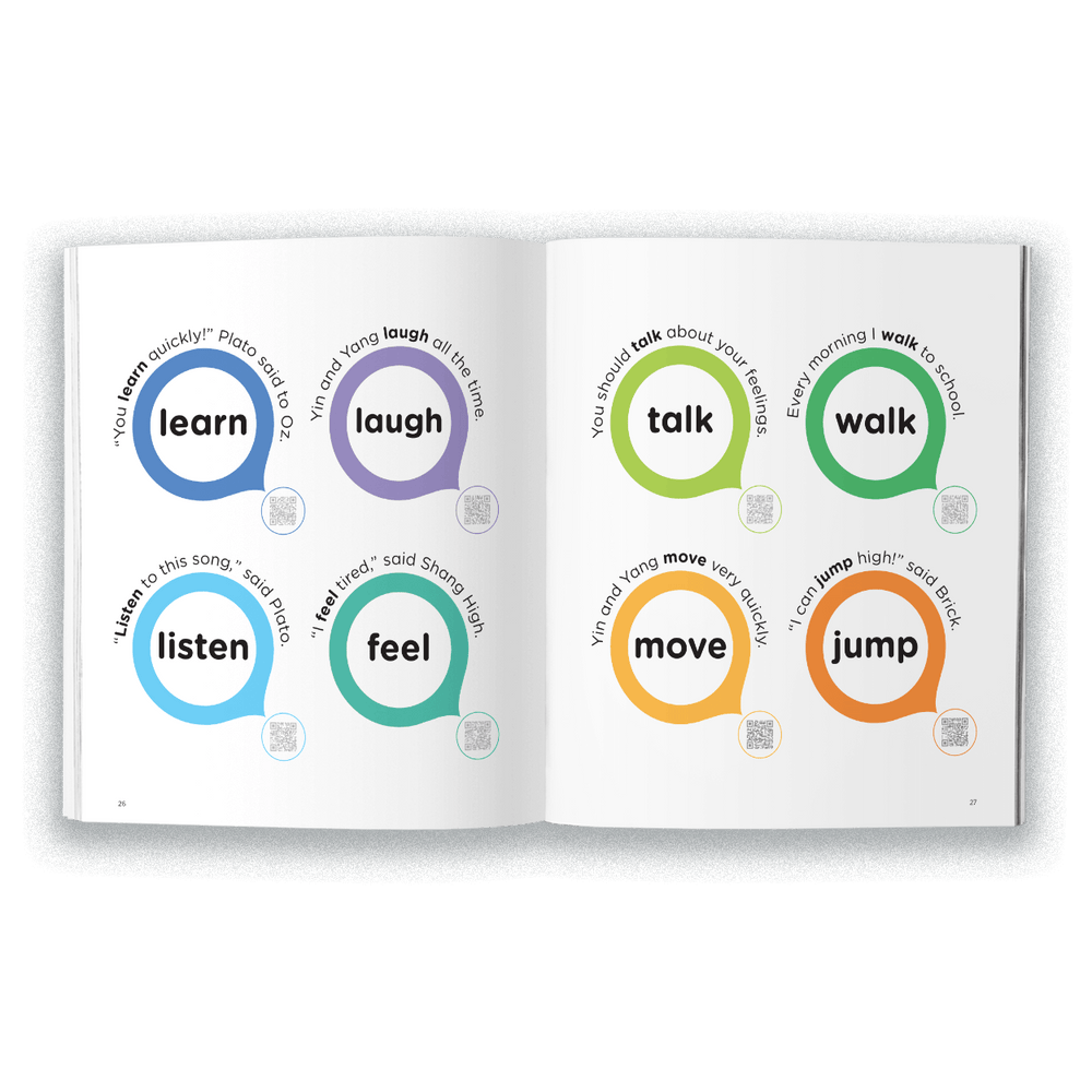 Open book with learning words like learn, laugh, talk, walk, etc.