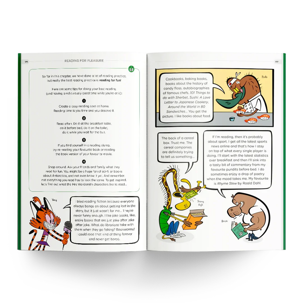 Year 4 Humungous Workbook page, reading tips and cartoons
