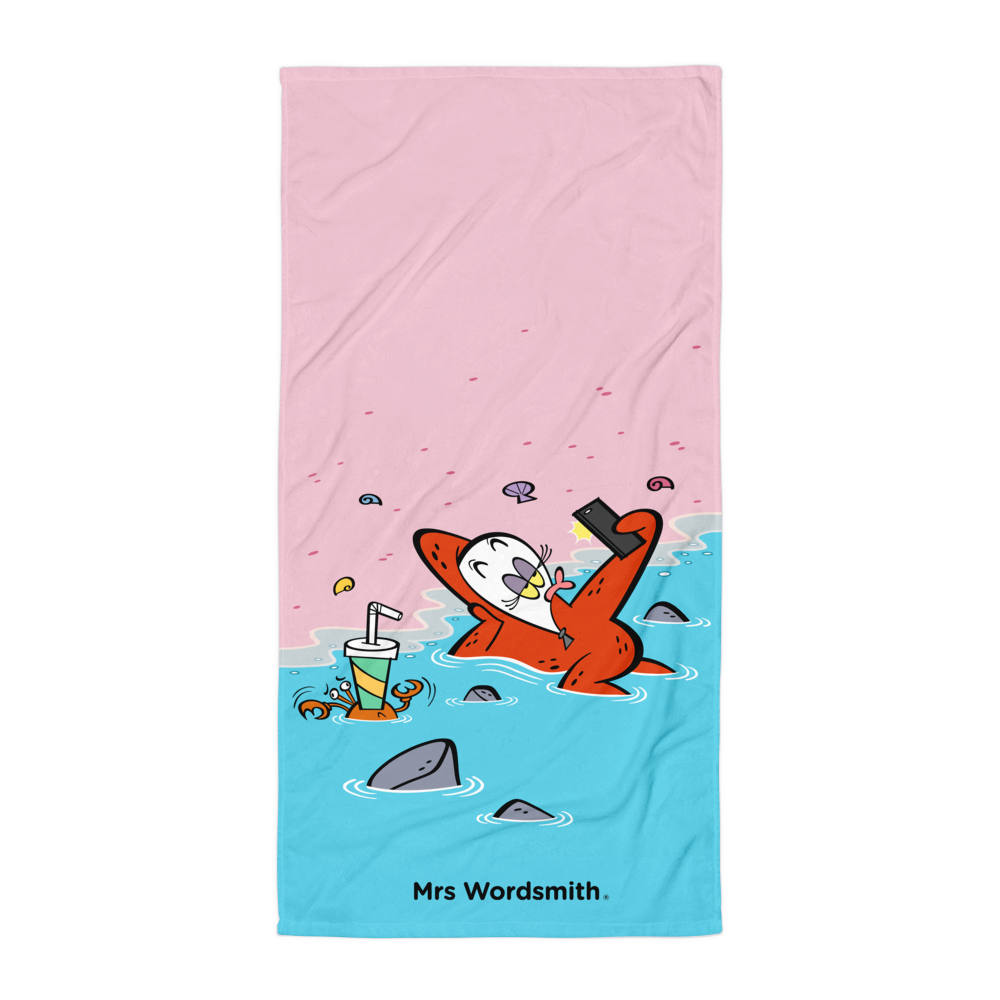 Beach towel with cartoon otter taking a selfie