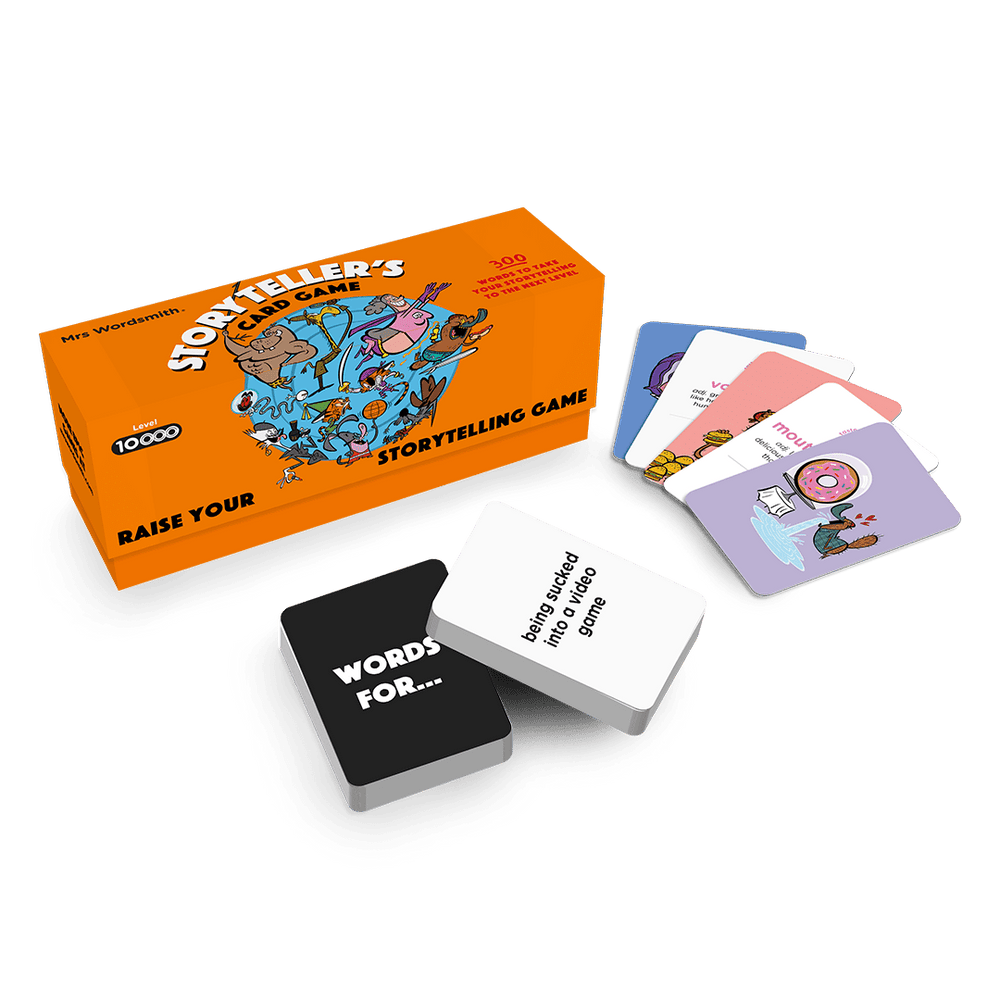Storyteller's card game box mockup with fanned cards, including Words For......