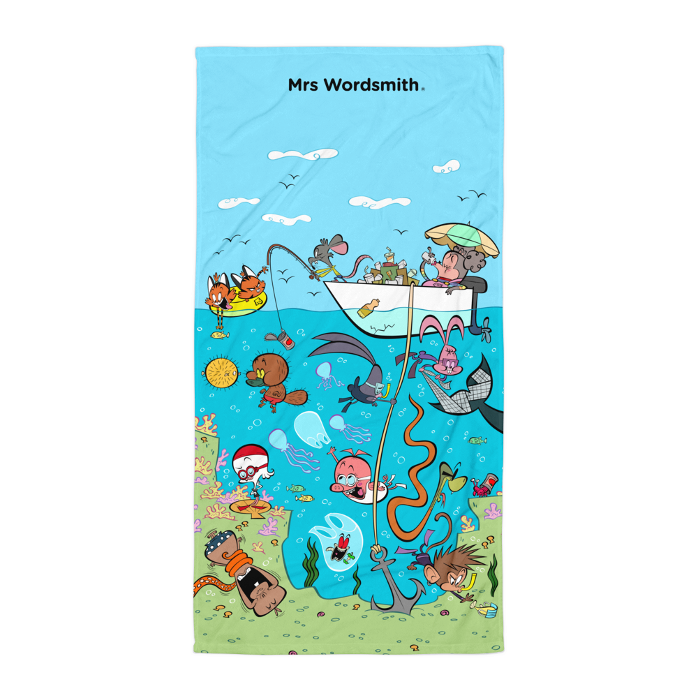 Under the Sea beach towel featuring cartoon ocean scene.