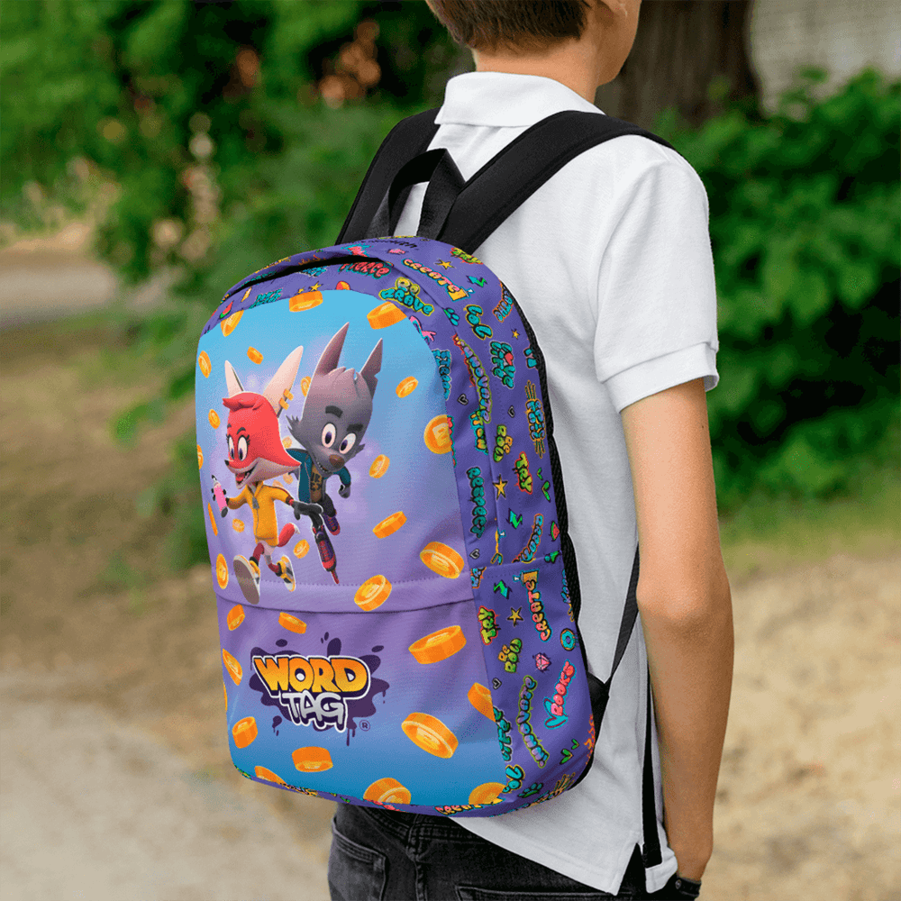 Wordtag backpack mock with cartoon design