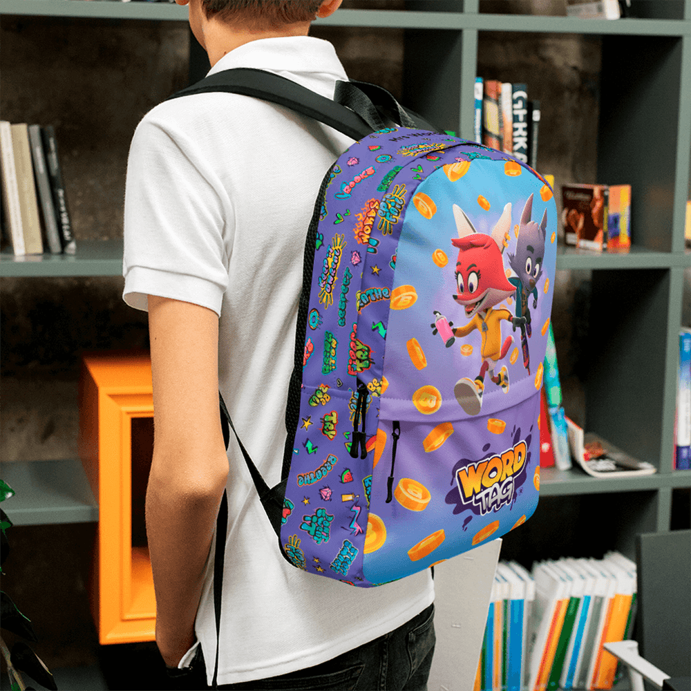 Wordtag backpack mock-up with cartoon characters
