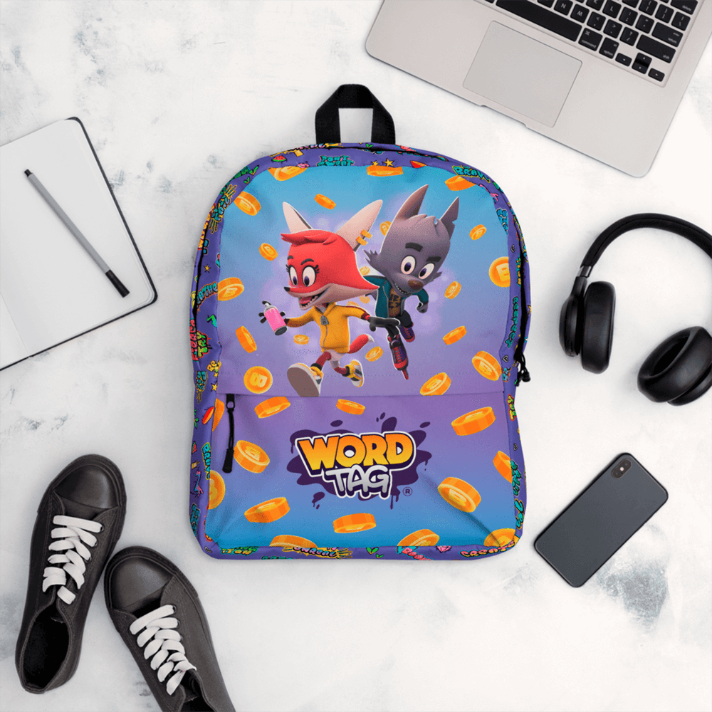 Word Tag backpack mock-up with cartoon characters and coins