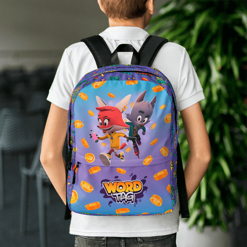 Word Tag backpack with cartoon characters