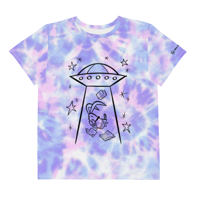 Tie-dye shirt with alien bunny design.