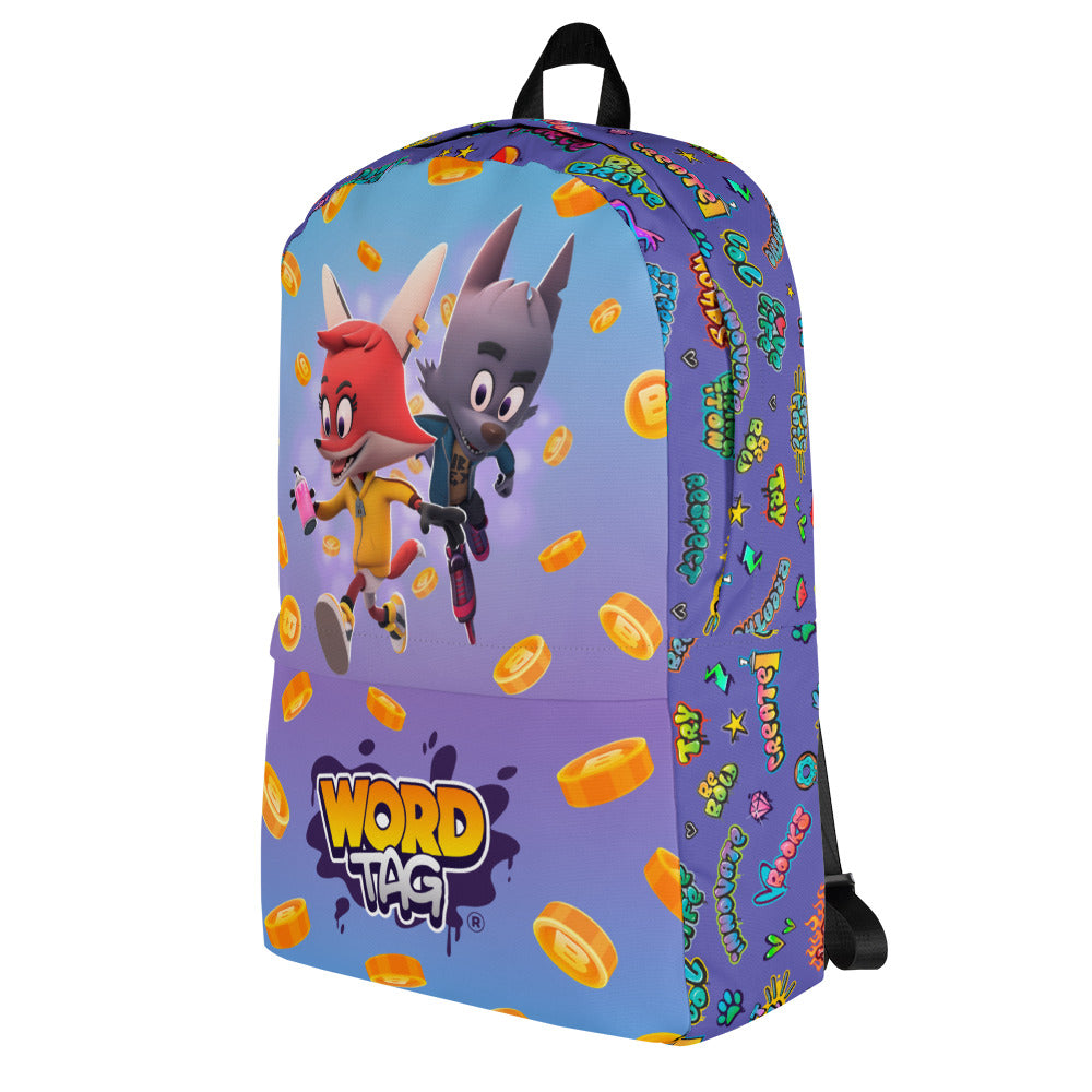 Word Tag backpack with cartoon characters and coins