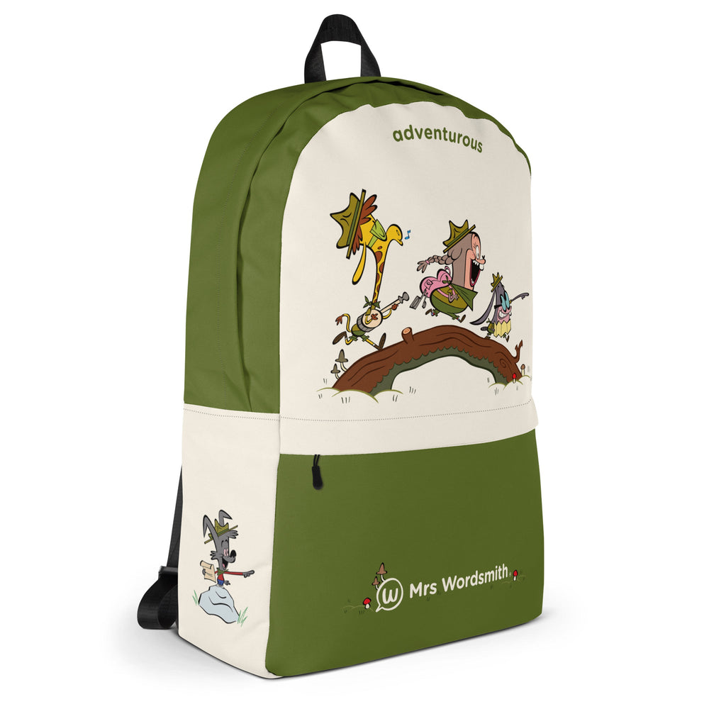 Adventurous all-over print backpack with whimsical cartoon design.